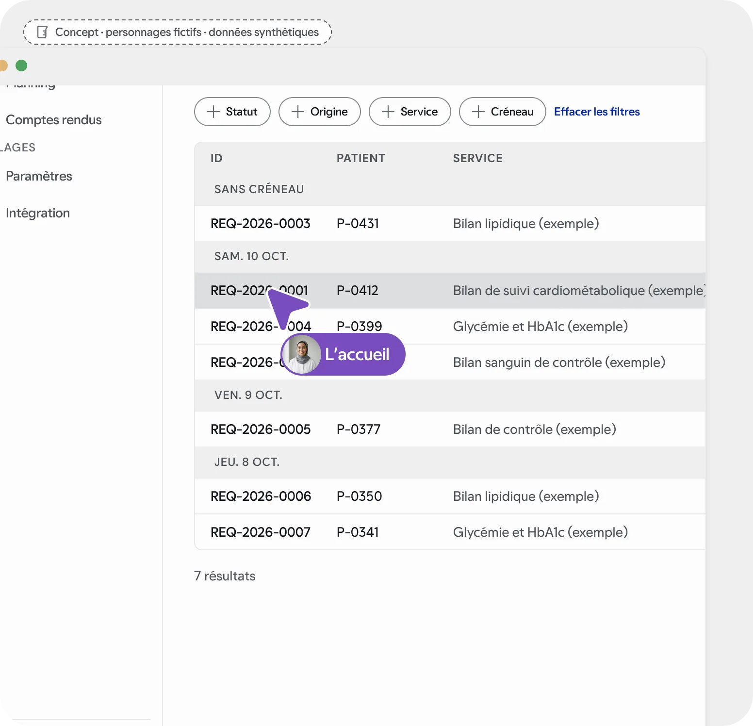 Écran du laboratoire : la file des demandes, celles de l’application à côté de celles du comptoir. Concept, données synthétiques.