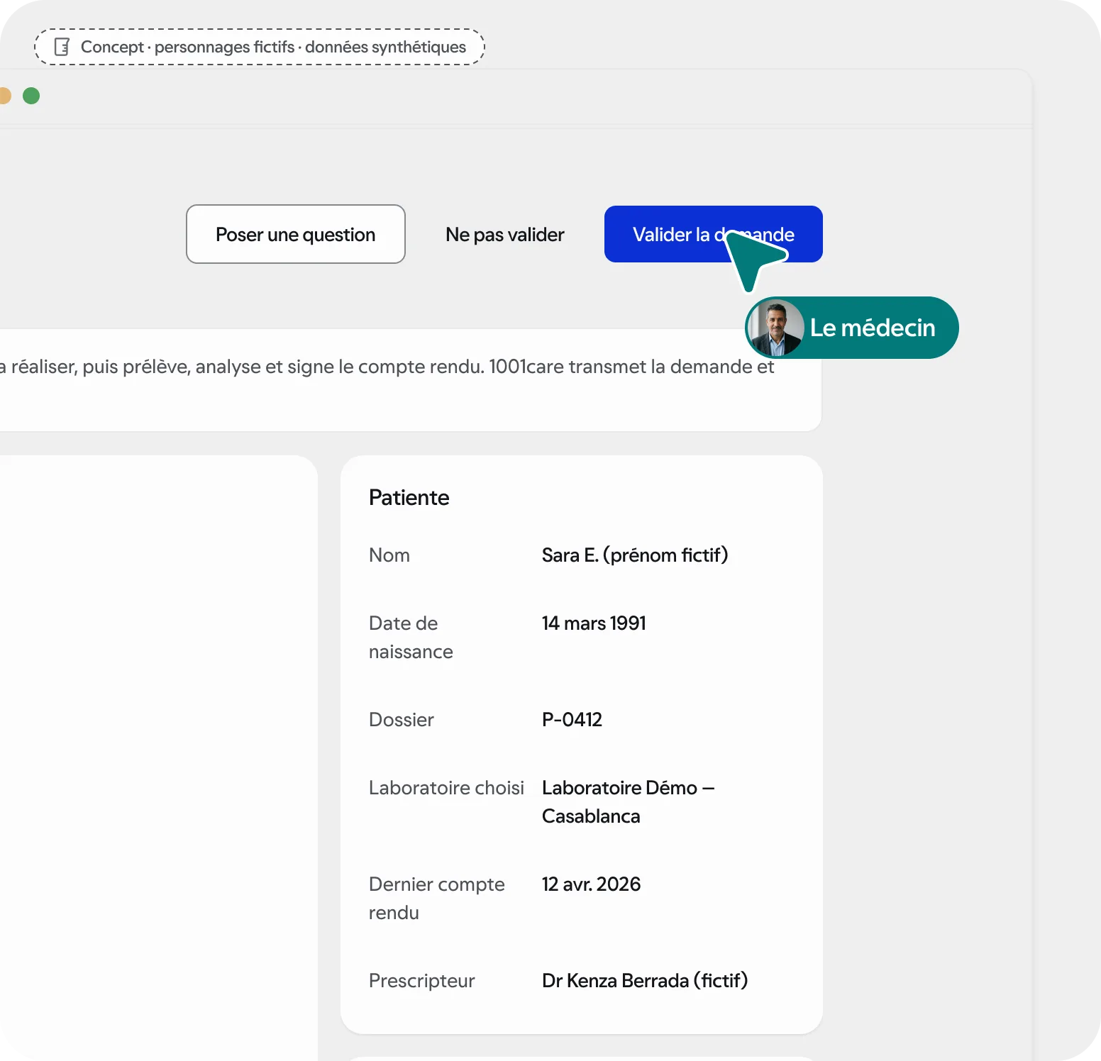 Écran du médecin ouvert depuis un lien : la demande à vérifier avant validation. Concept, données synthétiques.