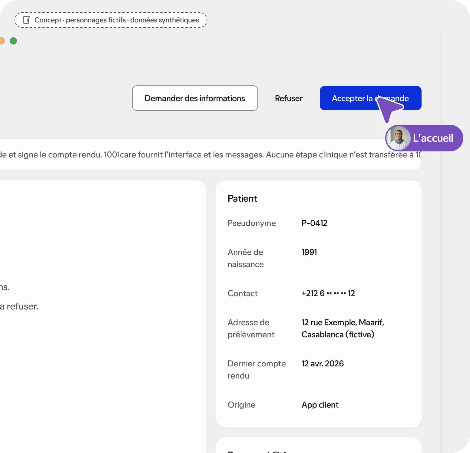 Écran du laboratoire acceptant la demande, et l’application patiente qui affiche la décision. Concept, données synthétiques.