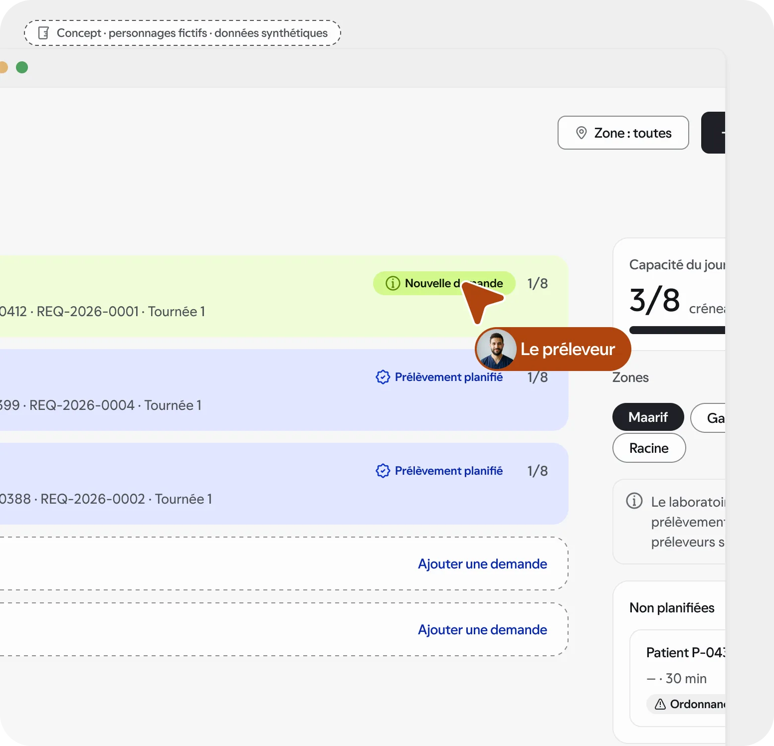 Écran de tournée du préleveur du laboratoire : le créneau à domicile ajouté à la tournée. Concept, données synthétiques.