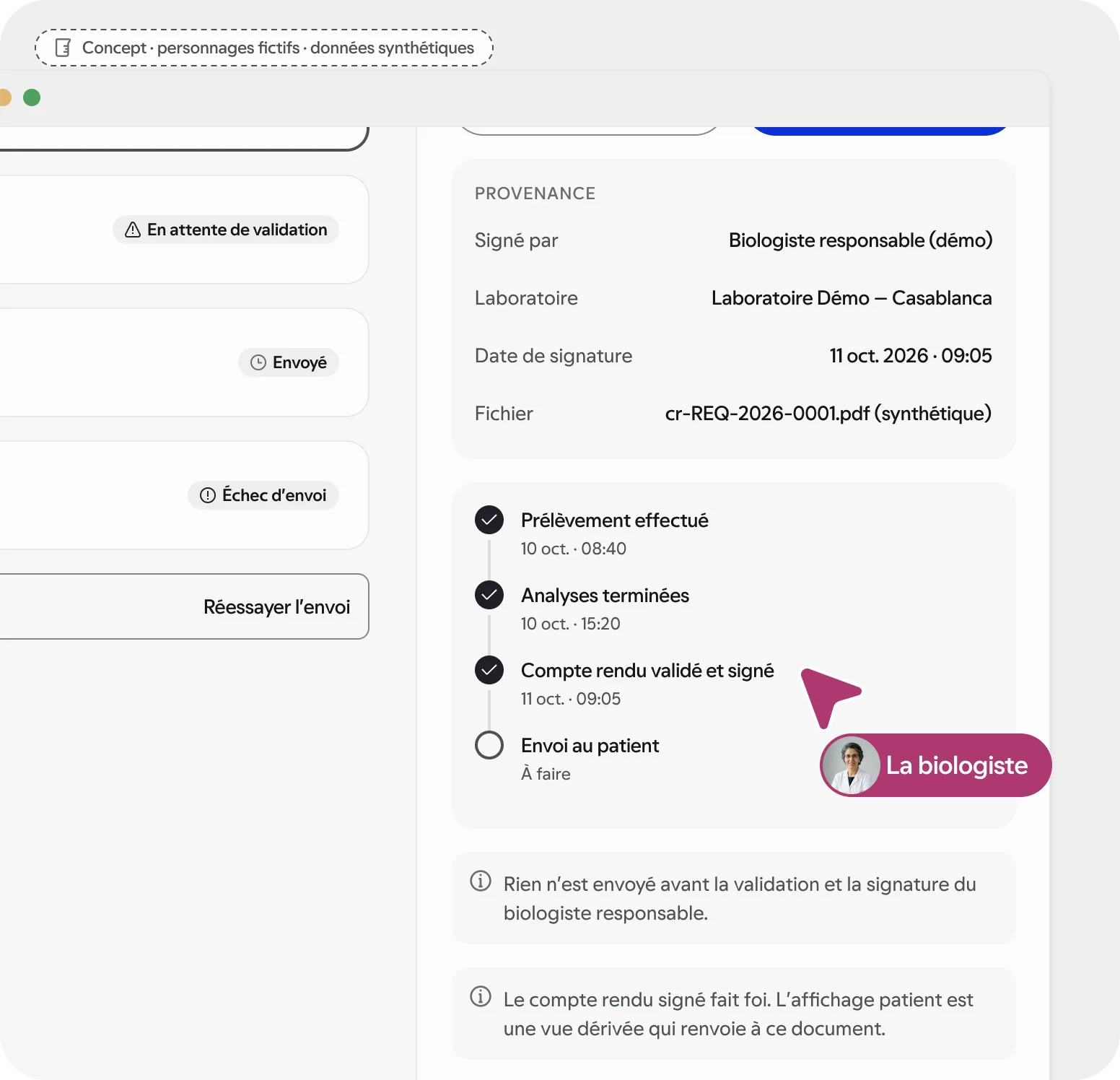 Écran du laboratoire : le compte rendu validé et signé par la biologiste, avec sa provenance. Concept, données synthétiques.